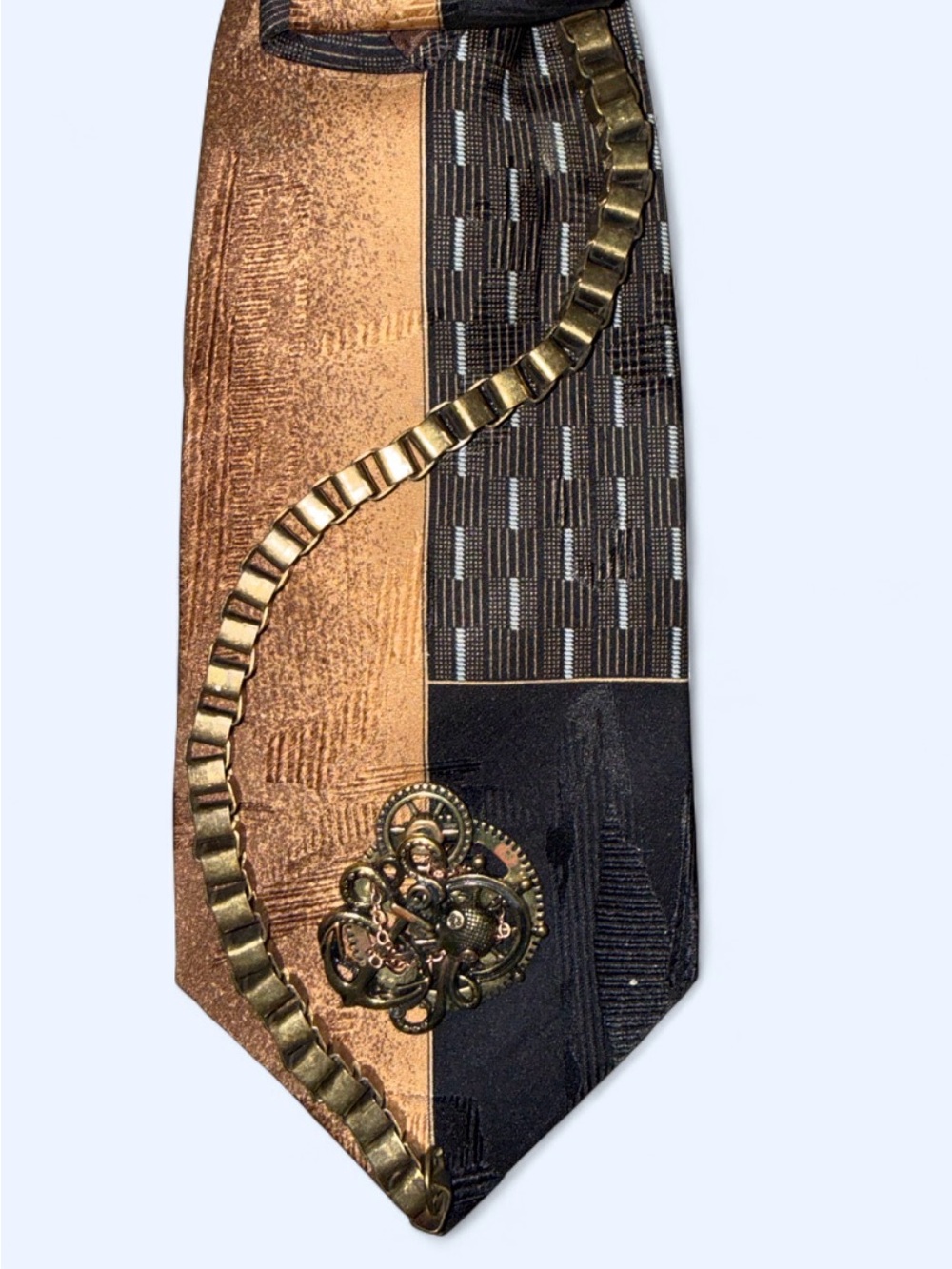 Upcycled Vintage Necktie Necklace Embellished Gears Anchor key brooch Steampunk - Picture 5 of 7